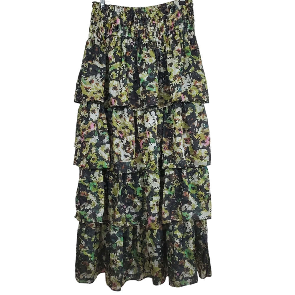 NWT Industry Republic Skirt Maxi Tiered Satin Dark Floral Boho Cottagecore Small